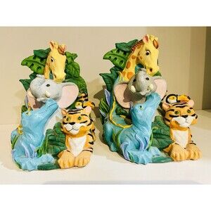 Noahs Ark Bookends Set Religious Animals Home Decor 6.25in Tall Vintage Colorful